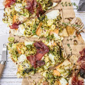 Shredded Brussels Sprout Prosciutto Pizza